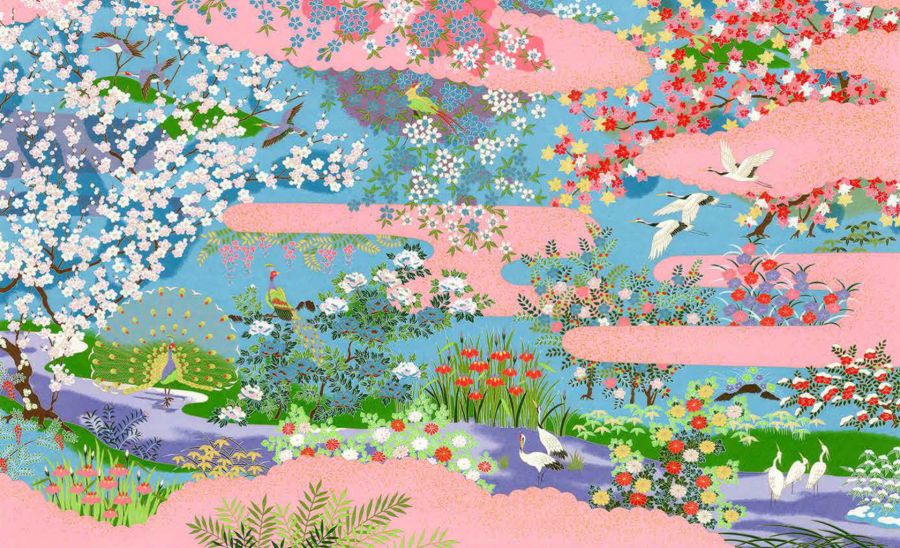 Sogara Yuzen Japanpapier "Blüten mit Pfau"